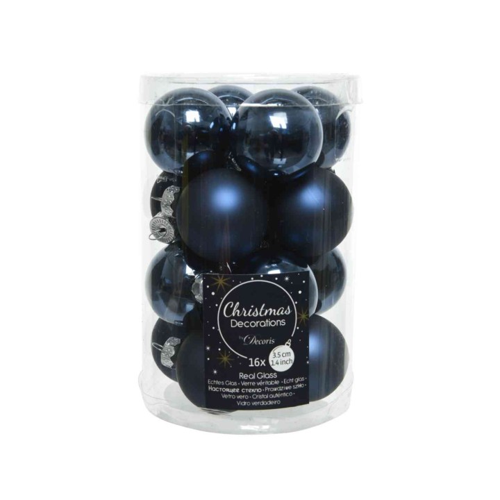 Boules de Noël bleu foncé, brillantes, dans un pot transparent, 16 pièces.