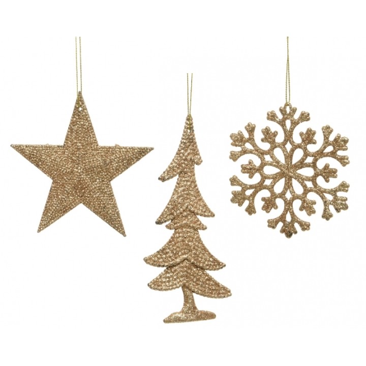 Éléments décoratifs dorés en forme d'étoile, sapin et flocon suspendus.