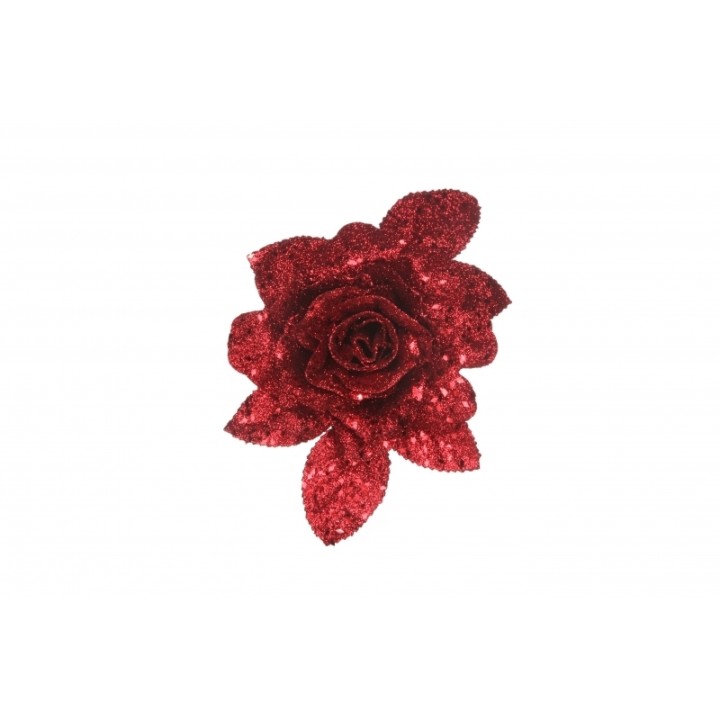 Fleur rouge étincelante, pétales en relief, décor scintillant sur fond blanc.