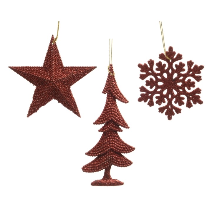 Ornements rouges en forme d'étoile, sapin et flocon, texturés et scintillants.