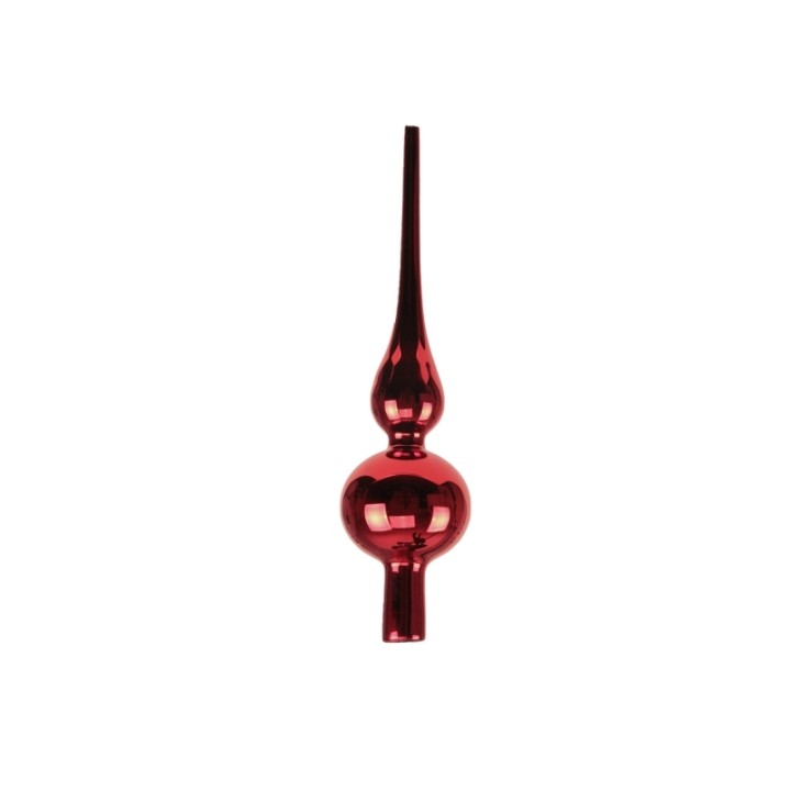 Ornement de Noël en verre rouge, long et élégant, avec une forme sphérique et conique.