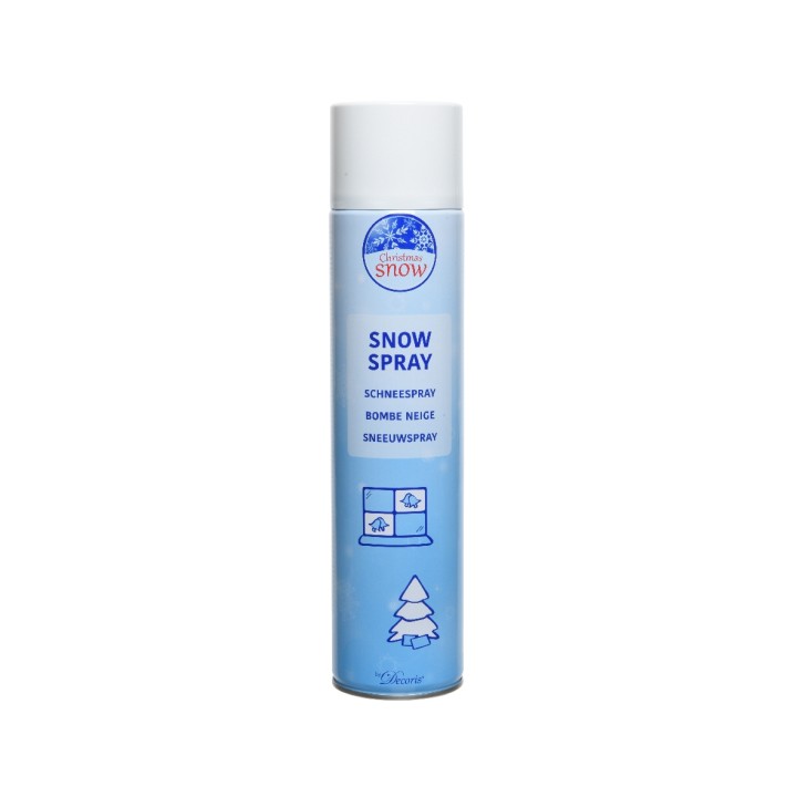 Aérosol bleu clair, étiqueté "Snow Spray", avec un couvercle blanc.