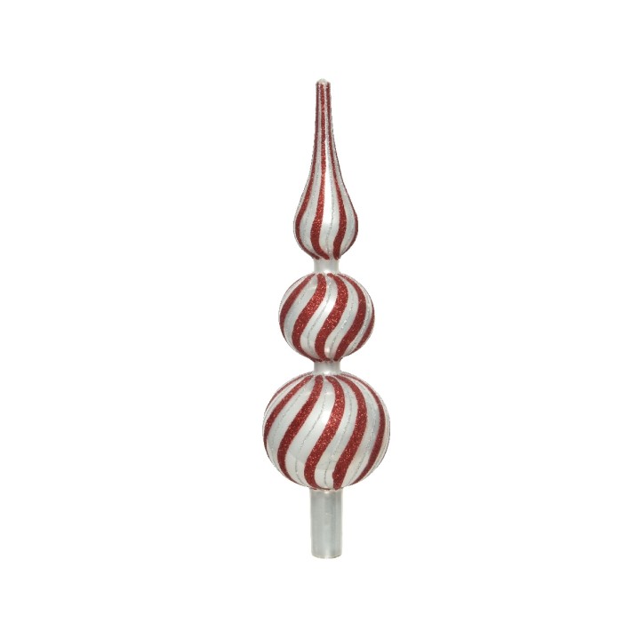 Ornement de Noël en verre, trois sphères blanches et rouges, finition brillante, forme élancée.