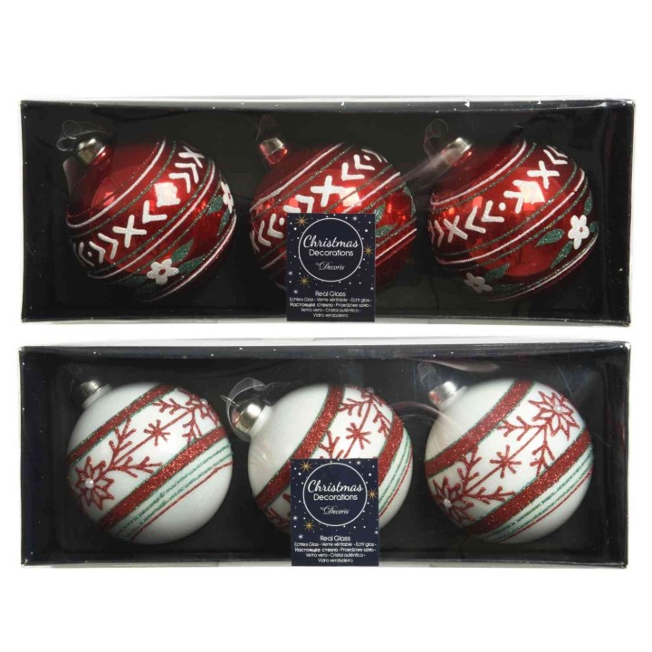 Boules de Noël rouges et blanches ornées de motifs festifs, présentées dans une boîte élég...
