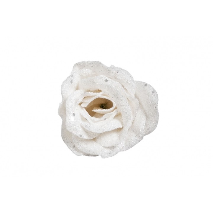 Rose blanche délicate, ornée de paillettes scintillantes, sur fond neutre.