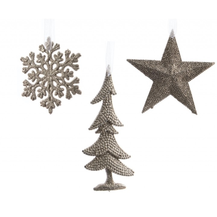 Ornements de Noël en métal argenté : flocon, étoile et sapin scintillants.