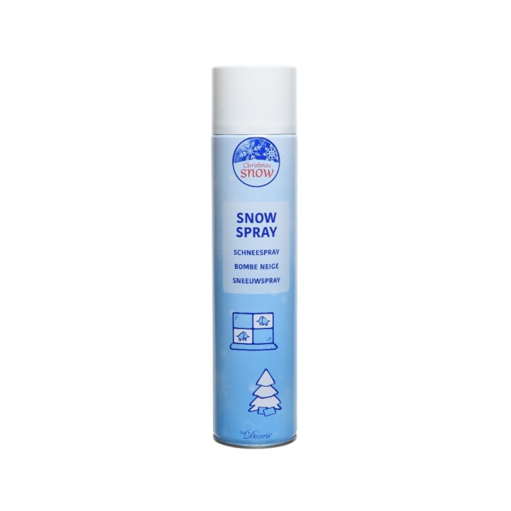 Aérosol de neige artificielle, bouteille blanche et bleue, étiquette claire avec motifs festifs.