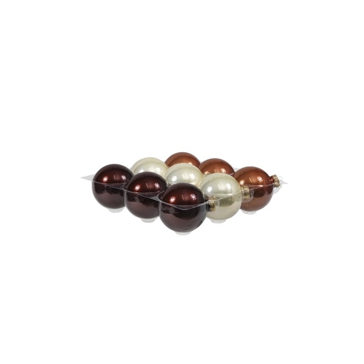 Boules de Noël brillantes en rouge, brun et crème, regroupées sur un support transparent.