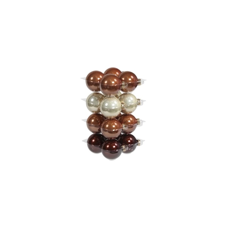 Boules décoratives brillantes en bronze et crème, disposées en empilement harmonieux.