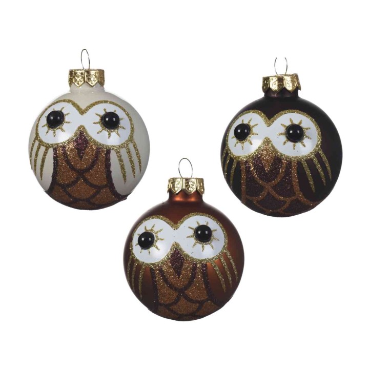 Boules de Noël décoratives en forme de hiboux, scintillantes et colorées.