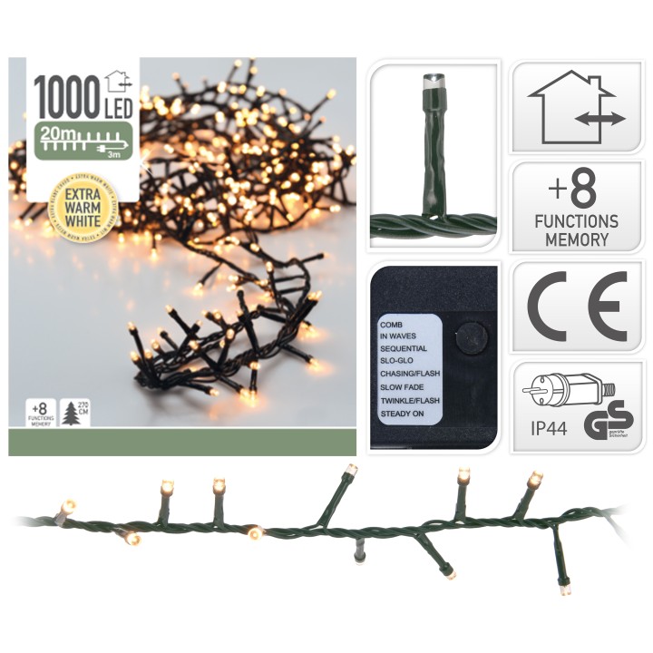 Guirlande lumineuse LED avec 1000 ampoules blanches sur fil noir, 8 fonctions d'éclairage.