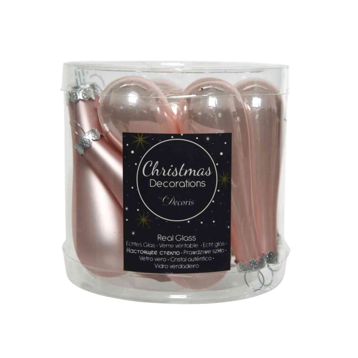 Ornements de Noël en verre rose, élégants et brillants, présentés dans un contenant transpar...