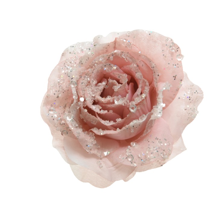 Rose délicate en satin rose, ornée de paillettes brillantes et d'un éclat scintillant.