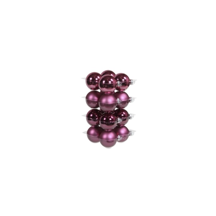 Boules de Noël violet profond, brillantes, disposées en pyramide élégante.
