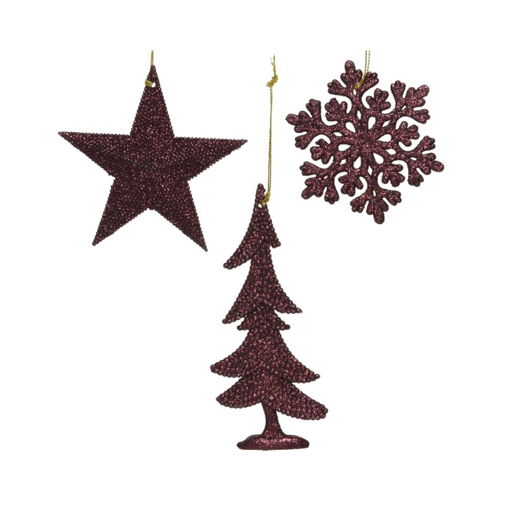 Ornements de Noël scintillants : étoile, flocon et sapin en rouge brillant.