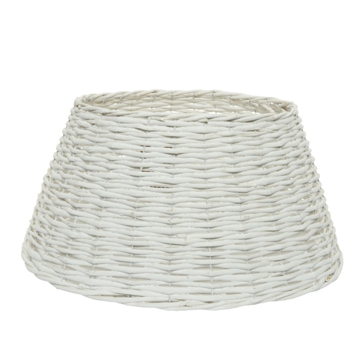 Panier en osier tissé, de forme conique et finition blanche.