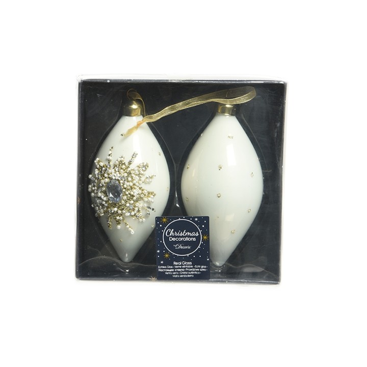 Deux ornements de Noël en verre blanc, décorés d'un motif scintillant et d'un bijou élégant.