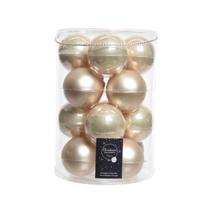 Boules de Noël brillantes en doré et argent, présentées dans un emballage transparent.