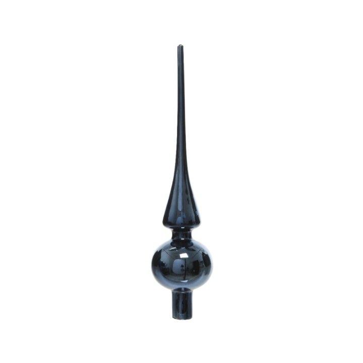 Objet décoratif en verre noir, alliant une sphère et un long cône pointu.