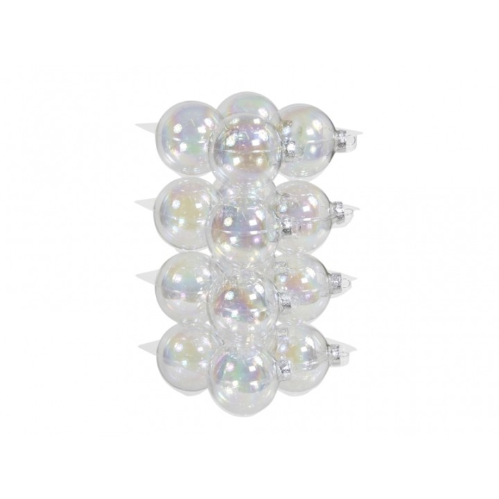 Perles transparentes aux reflets irisés, disposées en colonnes.