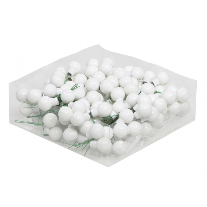 Boulettes blanches en plastique sur tiges vertes, regroupées dans un emballage transparent.