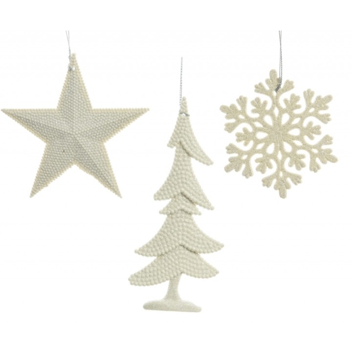 Décorations blanches en forme d'étoile, d'arbre et de flocon, élégantes et festives.