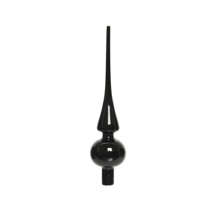 Objet décoratif en céramique noire, avec une base sphérique et un long cône effilé.