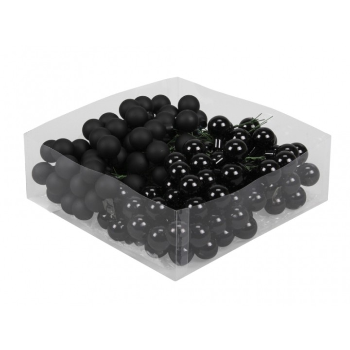 Raisin noir brillant dans un contenant transparent, aux formes arrondies et lisses.