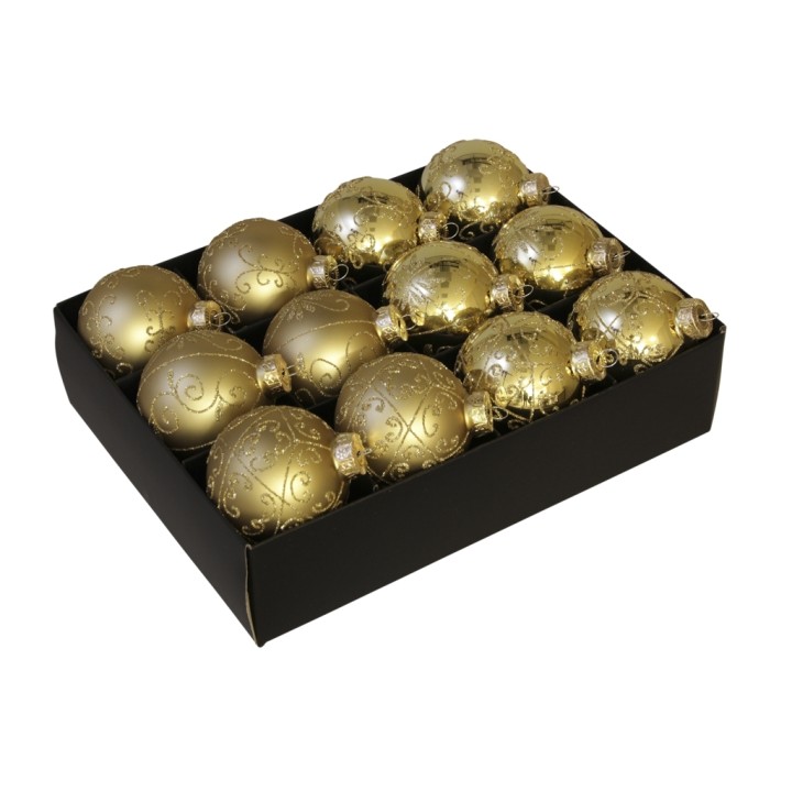 Douze boules dorées ornées de motifs élégants, soigneusement rangées dans une boîte noire.