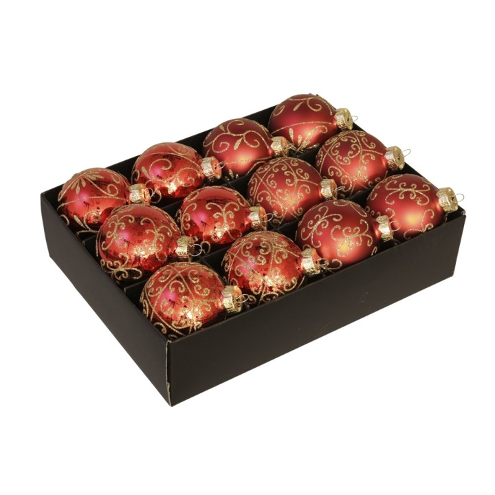 Douze boules de Noël rouges ornées, présentées dans une boîte noire élégante.