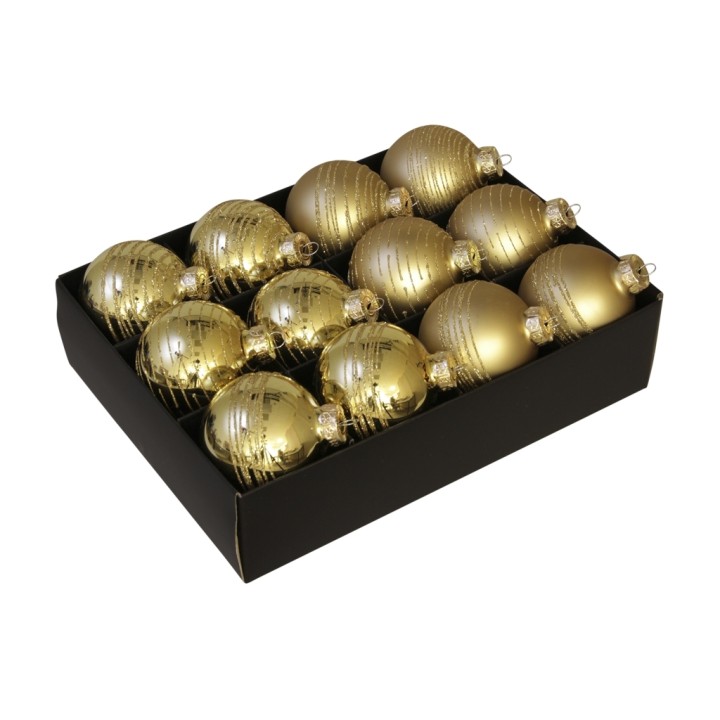 Douze boules de Noël dorées brillantes, réunies dans une boîte noire élégante.