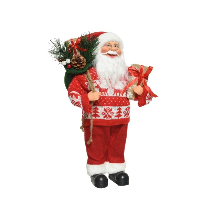Père Noël en pulls rouges, sac à dos décoré, sourire chaleureux, style festif.