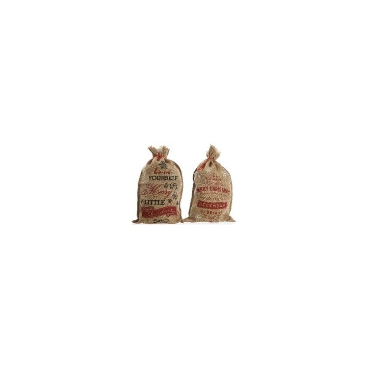 Sacs en toile de jute ornés de motifs festifs en rouge et vert, style vintage.