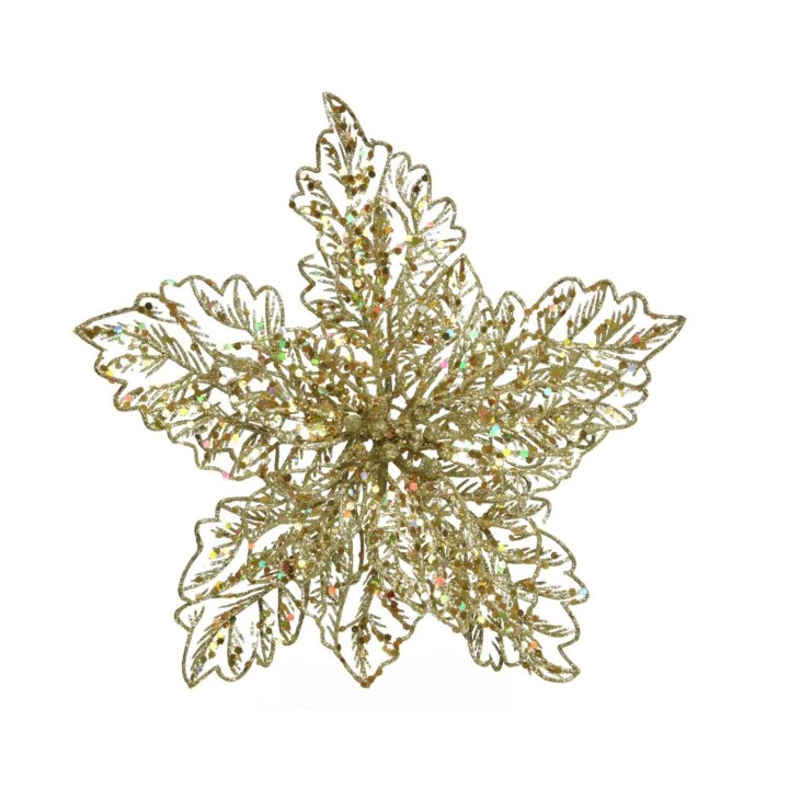 Étoile dorée en feuilles aux reflets scintillants et détails délicats.