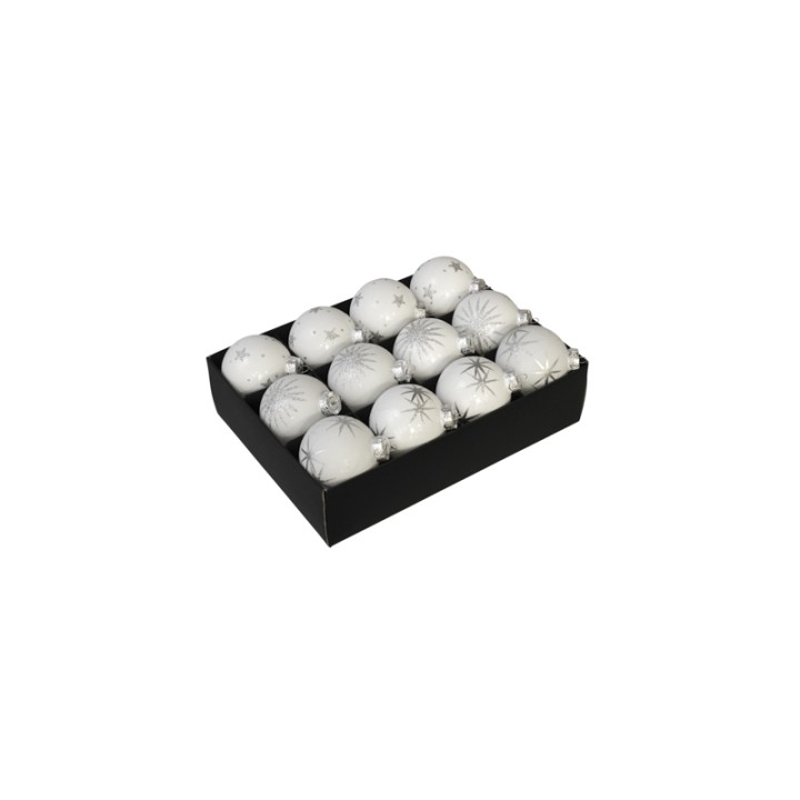 Douze boules blanches décorées d'étoiles, présentées dans une boîte noire élégante.
