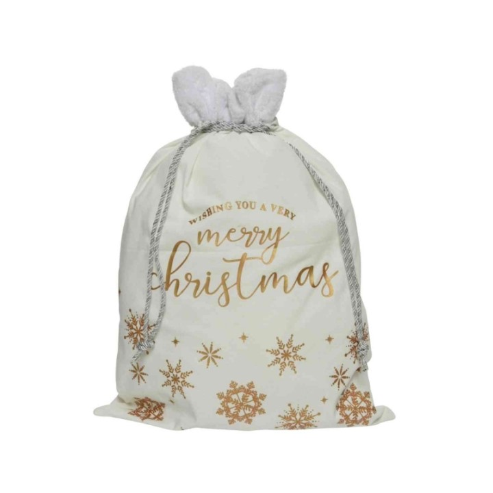 Sac de Noël blanc avec dorures, motifs flocons et message festif.