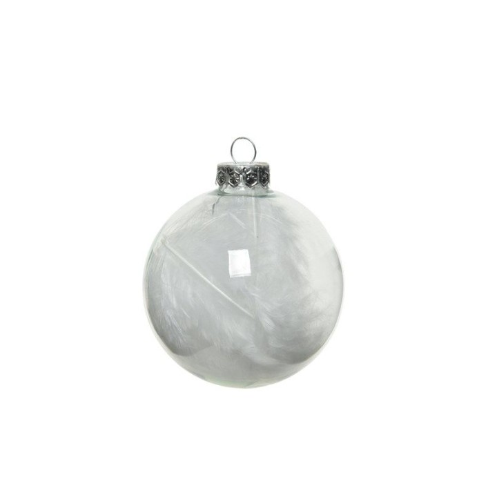 Boule de Noël transparente avec des motifs délicats, finition argentée au sommet.