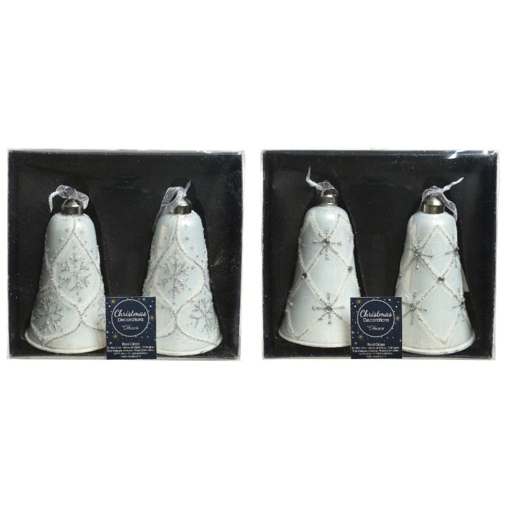 Deux cloches blanches décorées de flocons, dans une boîte noire élégante.