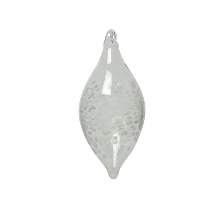 Ornement en verre transparent, forme allongée et lisse, subtilement texturé.
