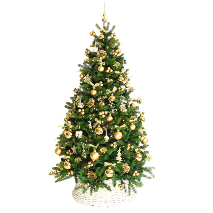 Sapin de Noël décoré de baubles dorées et ornements scintillants sur fond vert.