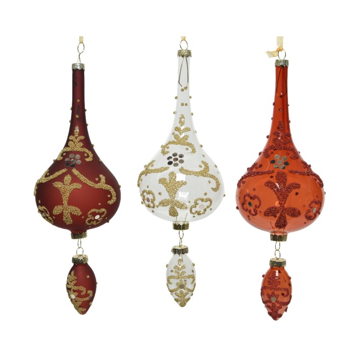 Boules de Noël élégantes, en verre, rouge et blanc, ornées de motifs dorés.