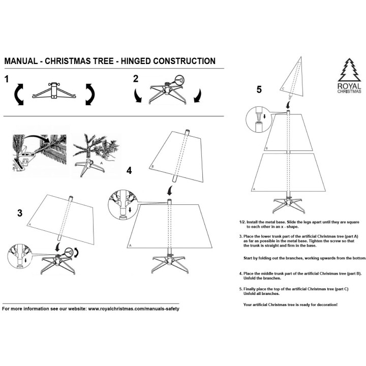 Instructions illustrées pour assembler un sapin de Noël artificiel, en noir et blanc.
