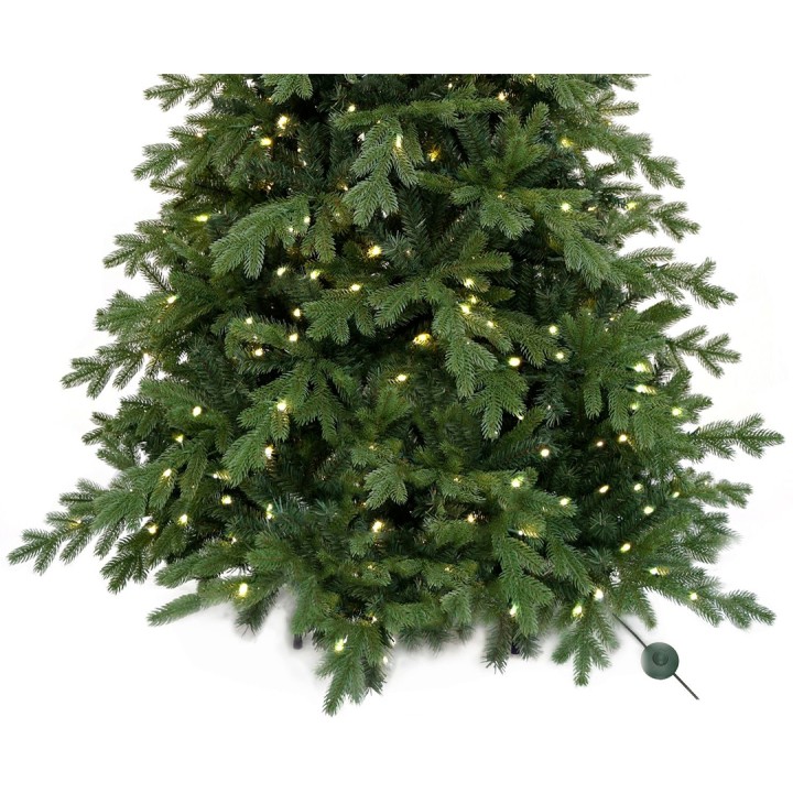 Un sapin vert dense, parsemé de lumières blanches scintillantes.