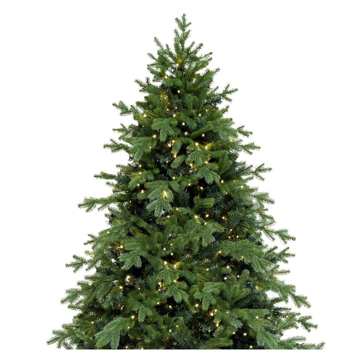 Sapin de Noël vert, orné de lumières chaleureuses, majestueux et naturel.