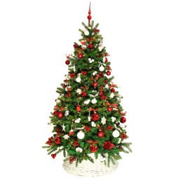 Sapin décoré de rouge et blanc, ornements brillants, ambiance festive et chaleureuse.