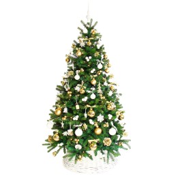 Sapin verdoyant décoré de boules dorées et blanches, sur fond neutre, style festif.