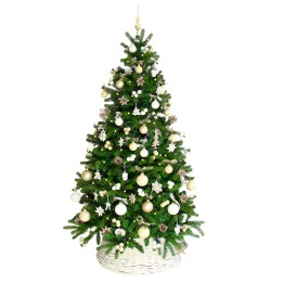 Sapin de Noël décoré de boules dorées et blanches, sur fond blanc.