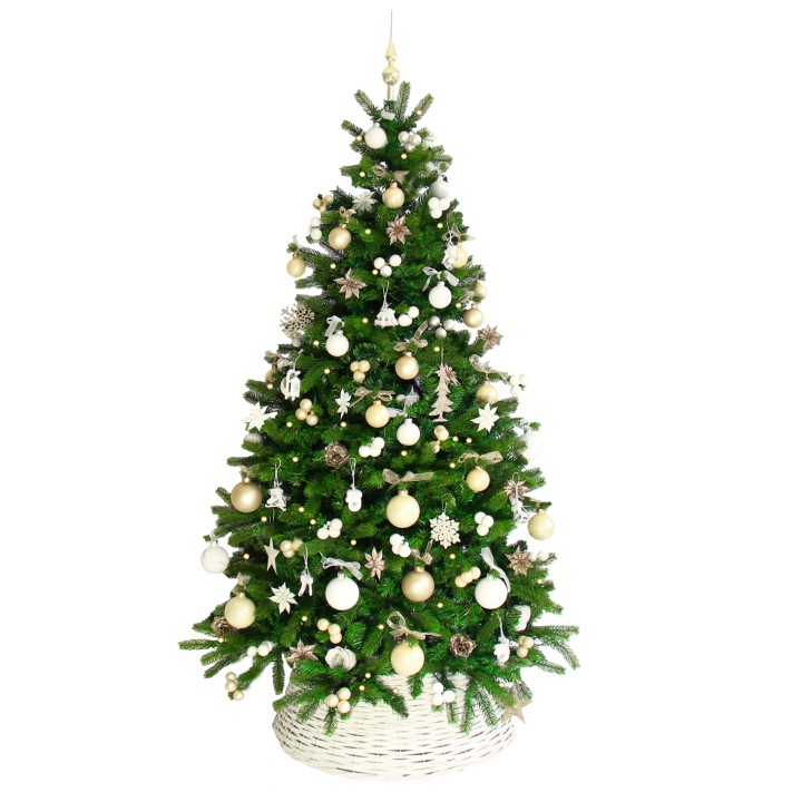 Sapin de Noël décoré de boules dorées et blanches, sur fond blanc.