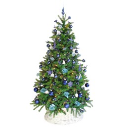 Sapin de Noël décoré de bleu et turquoise, orné de boules et lumières scintillantes.