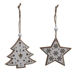 Ornements en bois en forme d'arbre et d'étoile, décorés de motifs étoilés.